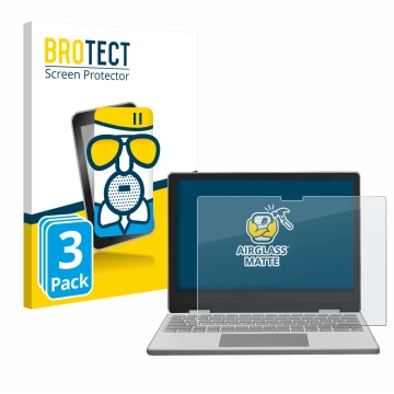 Front side of a product packaging with the brand logo BROTECT. Next to it is the device Framework Laptop 12 shown with the cor