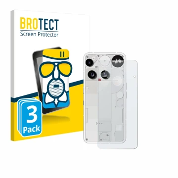 Front side of a product packaging with the brand logo BROTECT. Next to it is the device Nothing Phone (3) (Back) shown with th