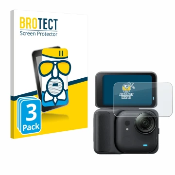 Front side of a product packaging with the brand logo BROTECT. Next to it is the device Insta360 Go Ultra shown with the corre