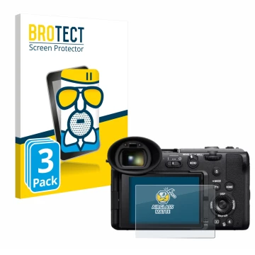 Front side of a product packaging with the brand logo BROTECT. Next to it is the device Sony Cinema Line FX2 shown with the co