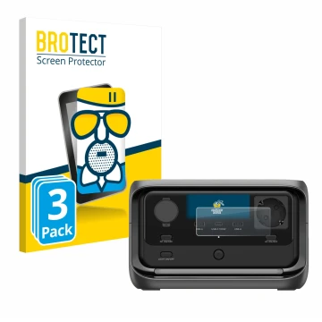 Front side of a product packaging with the brand logo BROTECT. Next to it is the device EcoFlow River 3 Plus shown with the co