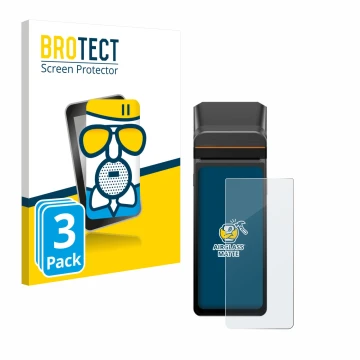 Front side of a product packaging with the brand logo BROTECT. Next to it is the device Sunmi V3H shown with the corresponding