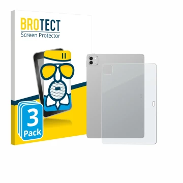 Front side of a product packaging with the brand logo BROTECT. Next to it is the device Honor Magicpad 3 (Back) shown with the
