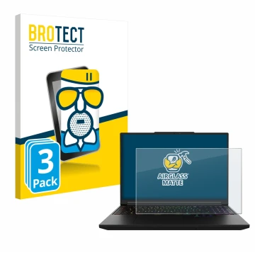 Front side of a product packaging with the brand logo BROTECT. Next to it is the device XMG Pro 16 shown with the correspondin