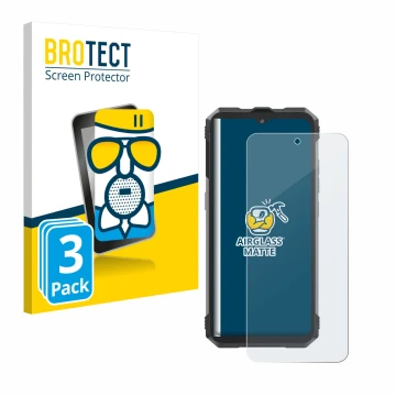 Front side of a product packaging with the brand logo BROTECT. Next to it is the device Cubot King Kong AX shown with the corr