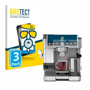 Front side of a product packaging with the brand logo BROTECT. Next to it is the device Ninja Luxe Cafe Pro ES701EU shown with