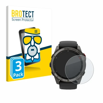 Front side of a product packaging with the brand logo BROTECT. Next to it is the device Garmin Fenix 8 Pro MicroLED (51 mm) sh