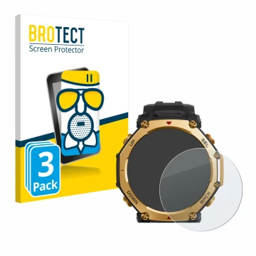 Front side of a product packaging with the brand logo BROTECT. Next to it is the device Huami Amazfit T-Rex 3 Pro (48 mm) show