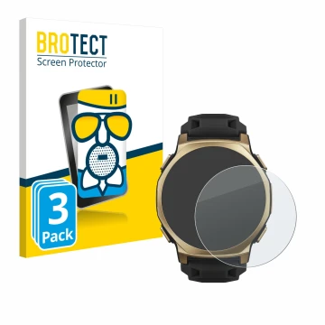 Front side of a product packaging with the brand logo BROTECT. Next to it is the device Huami Amazfit T-Rex 3 Pro (44 mm) show
