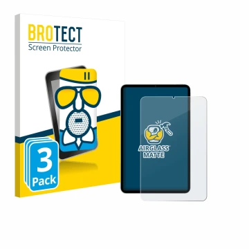 Front side of a product packaging with the brand logo BROTECT. Next to it is the device Xiaomi Pad Mini shown with the corresp