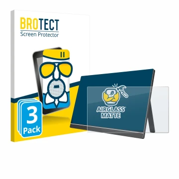 Front side of a product packaging with the brand logo BROTECT. Next to it is the device Arzopa ‎60HZ/A1 15.6