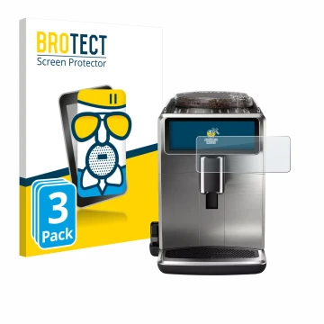 Front side of a product packaging with the brand logo BROTECT. Next to it is the device Philips Saeco Xelsis Suprema shown wit