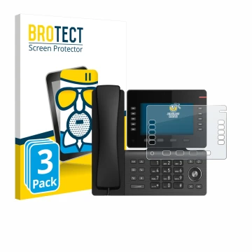 Front side of a product packaging with the brand logo BROTECT. Next to it is the device Snom D865 shown with the corresponding