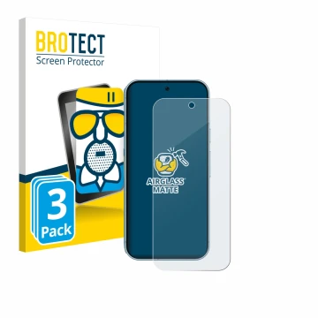 Front side of a product packaging with the brand logo BROTECT. Next to it is the device Google Pixel 9 (case-friendly) shown w