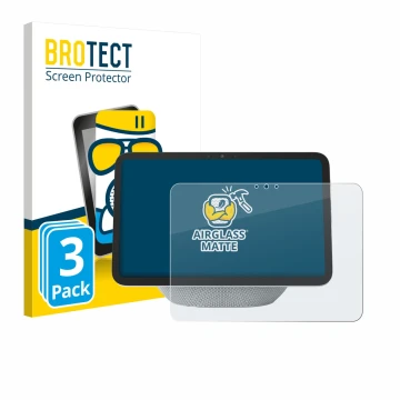 Front side of a product packaging with the brand logo BROTECT. Next to it is the device Amazon Echo Show 11 2025 shown with th