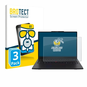 Front side of a product packaging with the brand logo BROTECT. Next to it is the device Lenovo ThinkPad L13 Gen 6 shown with t