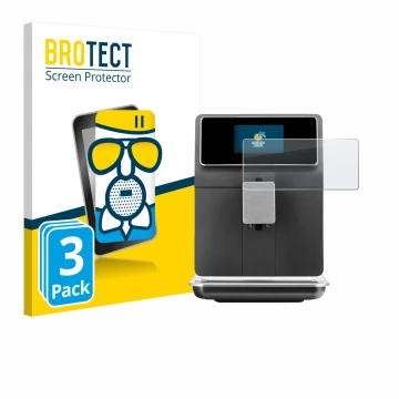 Front side of a product packaging with the brand logo BROTECT. Next to it is the device WMF Perfection 860L shown with the cor