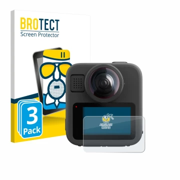 Front side of a product packaging with the brand logo BROTECT. Next to it is the device GoPro Max 2 shown with the correspondi