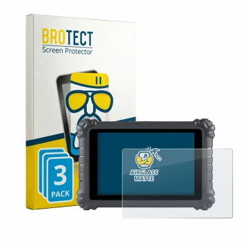 Front side of a product packaging with the brand logo BROTECT. Next to it is the device Autel MaxiSys MS906 Pro shown with the