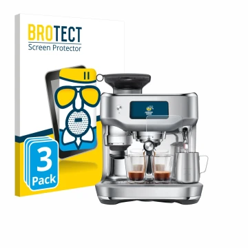Front side of a product packaging with the brand logo BROTECT. Next to it is the device Sage the Oracle Dual Boiler shown with