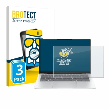 Front side of a product packaging with the brand logo BROTECT. Next to it is the device HP OmniBook 5 14 shown with the corres