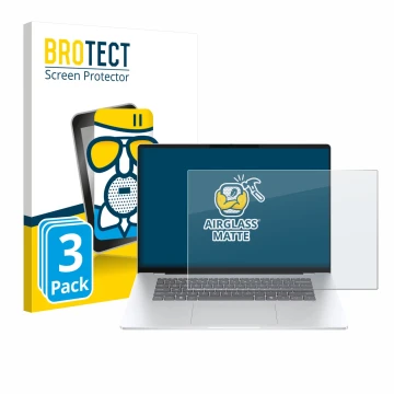 Front side of a product packaging with the brand logo BROTECT. Next to it is the device HP OmniBook 5 16 shown with the corres