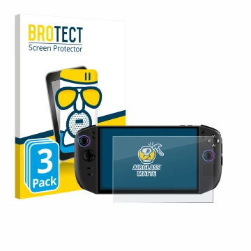 Front side of a product packaging with the brand logo BROTECT. Next to it is the device Lenovo Legion Go Gen 2 shown with the 