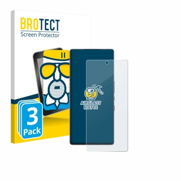 Front side of a product packaging with the brand logo BROTECT. Next to it is the device ZTE Nubia Red Magic 11 Pro+ shown with