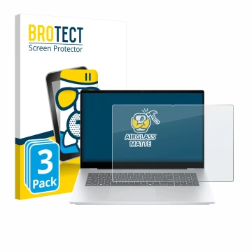 Front side of a product packaging with the brand logo BROTECT. Next to it is the device HP OmniBook 7 17-dc shown with the cor