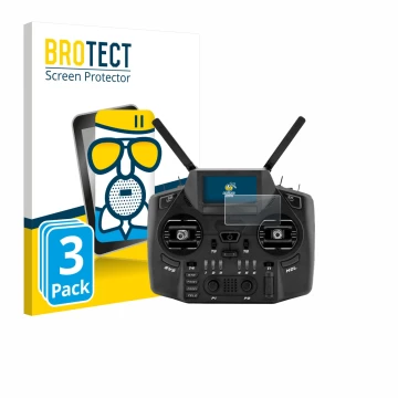 Front side of a product packaging with the brand logo BROTECT. Next to it is the device Radiomaster GX12 shown with the corres