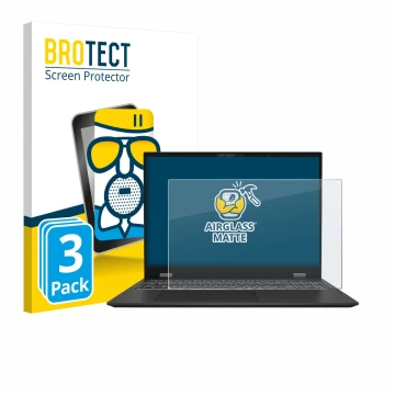 Front side of a product packaging with the brand logo BROTECT. Next to it is the device MSI Prestige 16 AI Evo B1M shown with 
