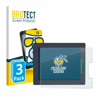 Front side of a product packaging with the brand logo BROTECT. Next to it is the device Schneider-electric HMIDT542 shown with