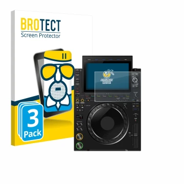 Front side of a product packaging with the brand logo BROTECT. Next to it is the device Pioneer CDJ 3000X shown with the corre