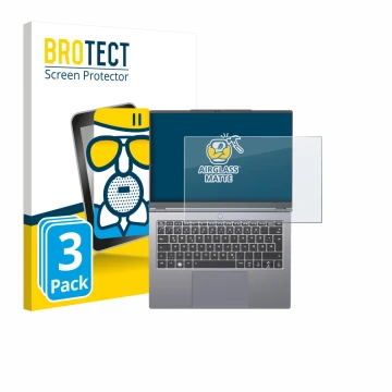 Front side of a product packaging with the brand logo BROTECT. Next to it is the device Tuxedo InfinityBook Pro 14 Gen 10 show