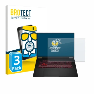 Front side of a product packaging with the brand logo BROTECT. Next to it is the device ASUS TUF Gaming A18 2025 shown with th