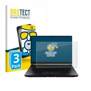 Front side of a product packaging with the brand logo BROTECT. Next to it is the device ASUS ROG Strix SCAR 18 2025 shown with