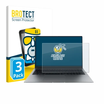 Front side of a product packaging with the brand logo BROTECT. Next to it is the device Honor MagicBook X16 Plus 2025 shown wi