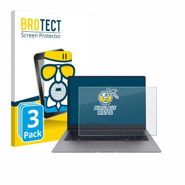 Front side of a product packaging with the brand logo BROTECT. Next to it is the device Honor MagicBook X14 Plus 2025 shown wi