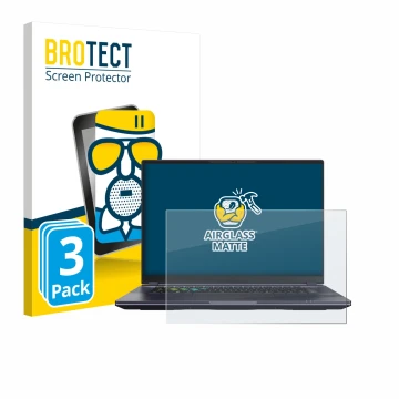 Front side of a product packaging with the brand logo BROTECT. Next to it is the device Gigabyte AORUS 16X 2024 shown with the
