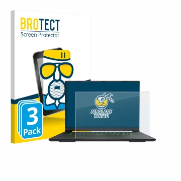 Front side of a product packaging with the brand logo BROTECT. Next to it is the device Gigabyte AERO X16 2025 shown with the 