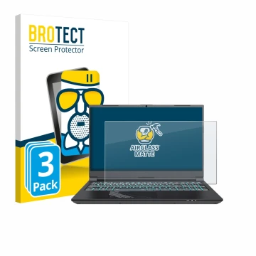 Front side of a product packaging with the brand logo BROTECT. Next to it is the device Gigabyte G5 2024 shown with the corres
