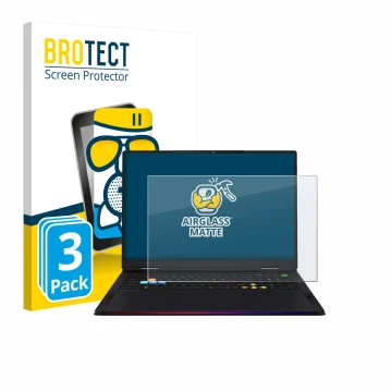 Front side of a product packaging with the brand logo BROTECT. Next to it is the device MSI Raider A18 HX shown with the corre