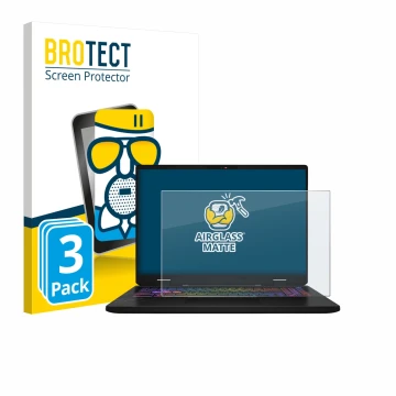 Front side of a product packaging with the brand logo BROTECT. Next to it is the device MSI Vector 16 HX AI shown with the cor