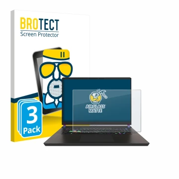Front side of a product packaging with the brand logo BROTECT. Next to it is the device MSI Vector 17 HX shown with the corres