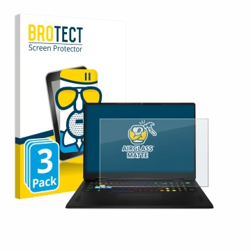 Front side of a product packaging with the brand logo BROTECT. Next to it is the device MSI Vector A18 HX 2025 shown with the 