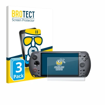 Front side of a product packaging with the brand logo BROTECT. Next to it is the device GPD Win 5 shown with the corresponding