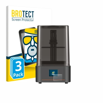 Front side of a product packaging with the brand logo BROTECT. Next to it is the device Anycubic Photon Mono 4 shown with the 