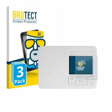 Front side of a product packaging with the brand logo BROTECT. Next to it is the device Canon Selphy CP1500 Mini shown with th