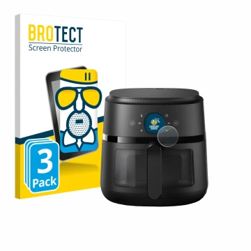 Front side of a product packaging with the brand logo BROTECT. Next to it is the device Philips Airfryer 2000 Gen 2 6,2L shown