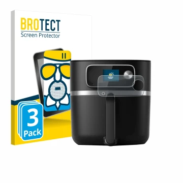 Front side of a product packaging with the brand logo BROTECT. Next to it is the device Philips Airfryer HD9880/90 shown with 